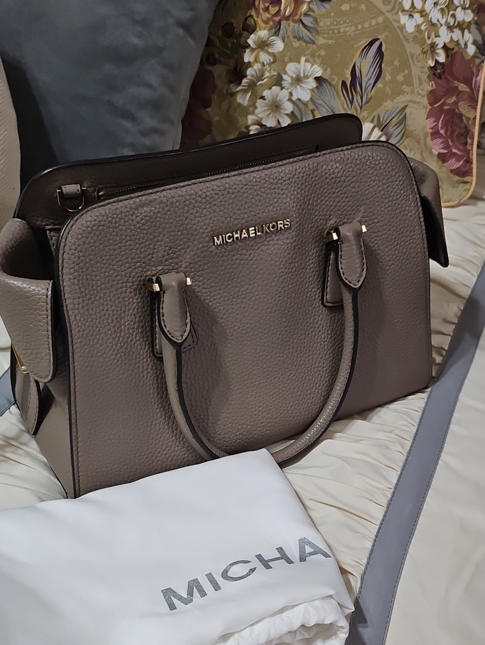 Michael Kors Pebbled Leather Satchel in Taupe with Gold Hardware